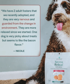 pet releaf dog testimonial with photo stress chews